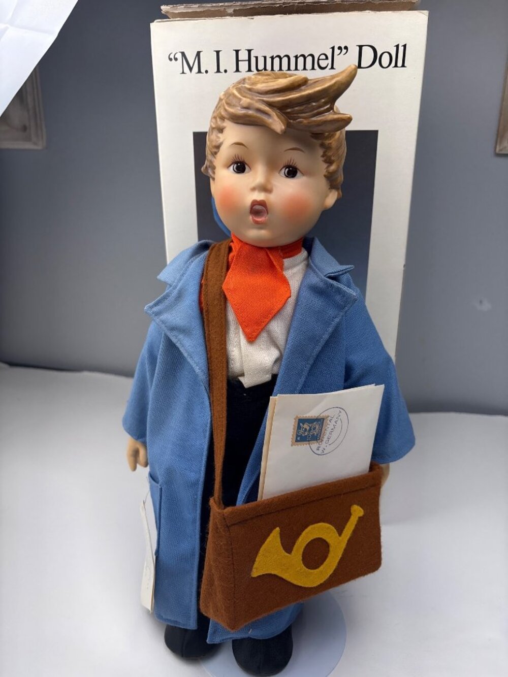 M.I. Hummel Postman Doll Porcelain Goebel Blue Outfit w/ Box Collectible 16" - Picture 13 of 16